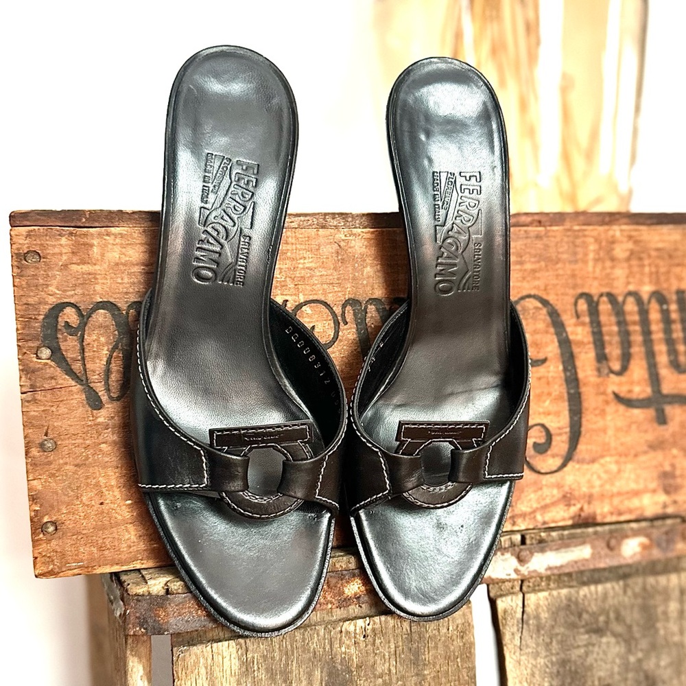 Salvatore Ferragamo Black Brown Leather Slide Sandals
